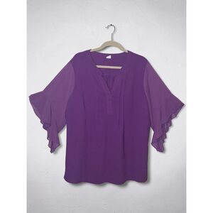 SOCOMCHIC 3XL Purple Ruffle Flutter Sleeve Notch Neck Blouse Top- Plus Size